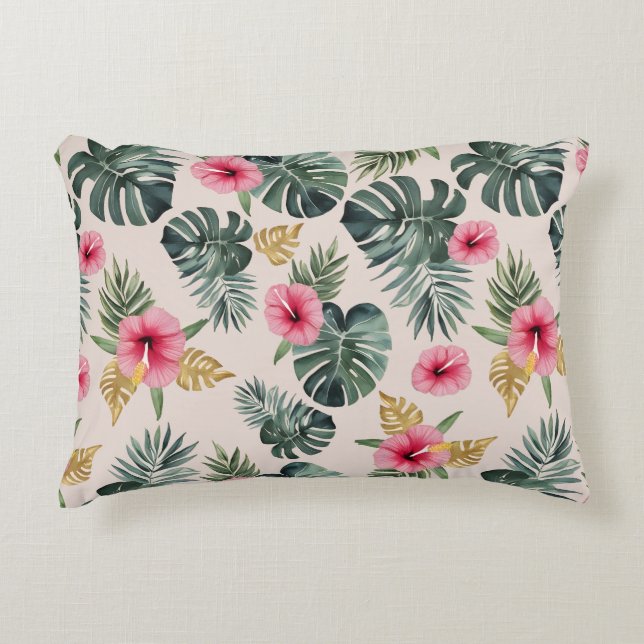 Monstera och Hibiscus Mönster Prydnadskudde (Framsidan)