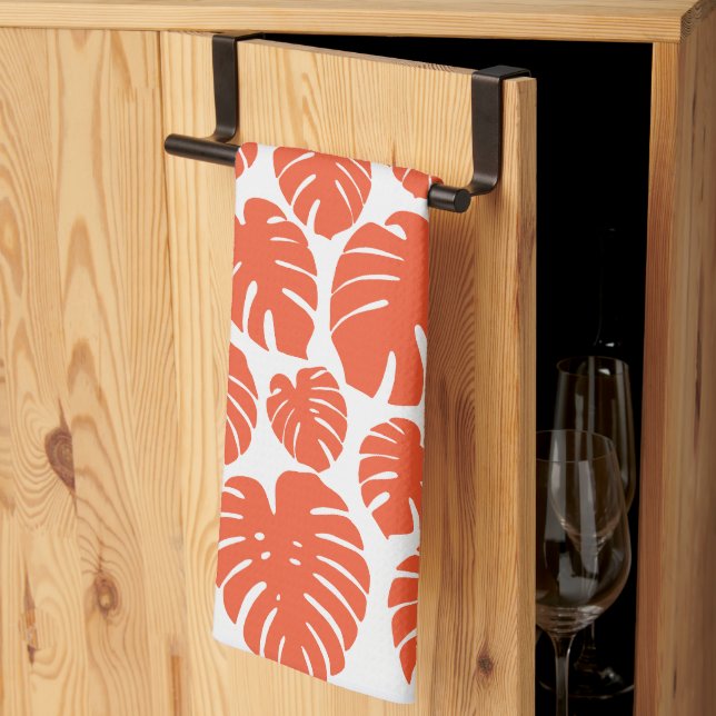 Monstera - Orange och vit Kökshandduk (Thirds Fold)
