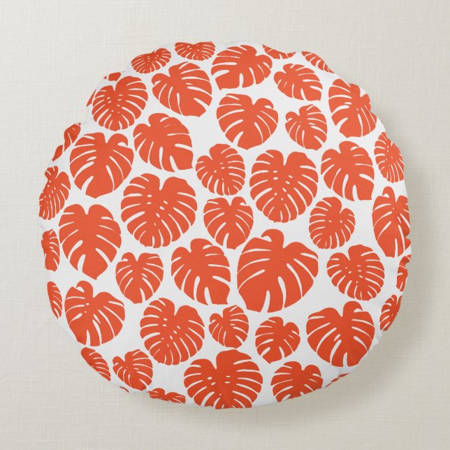 Monstera - Orange och vit Rund Kudde (Framsidan)