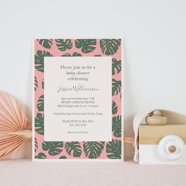 Monstera Plant Botanical Rosa Grönt Baby Shower Inbjudningar (Skapare uppladdad)