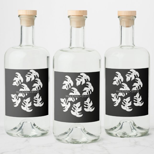 Monstera Svart Vit Botanisk Bröllop Spritflaskor Etikett (Flaskor)