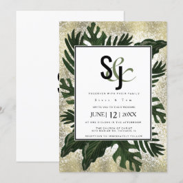 Monstera Tropical Faux Guld Stänk Bröllop Suite Inbjudningar