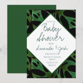 Monstera Tropical Löv Mönster Baby Shower Black Inbjudningar