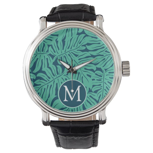Monstera Tropical Löv Mönster | Monogram Armbandsur (Framsida)