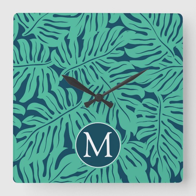 Monstera Tropical Löv Mönster | Monogram Fyrkantig Klocka (Framsida)
