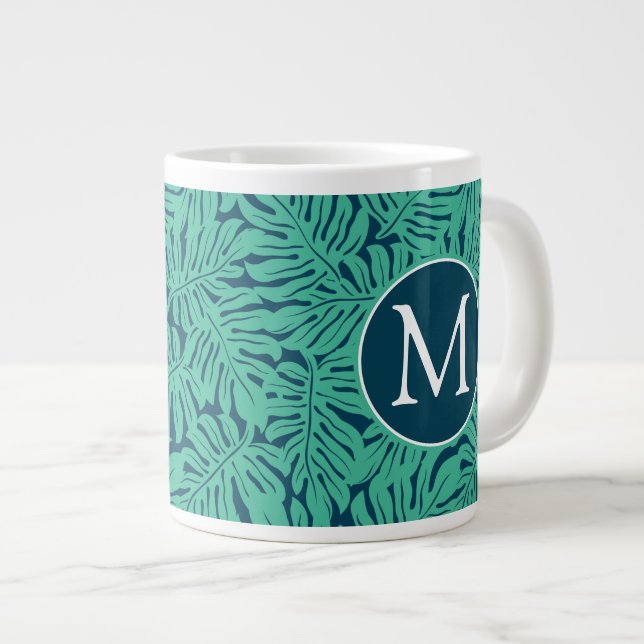 Monstera Tropical Löv Mönster| Monogram Jumbo Mugg (Framsida höger)
