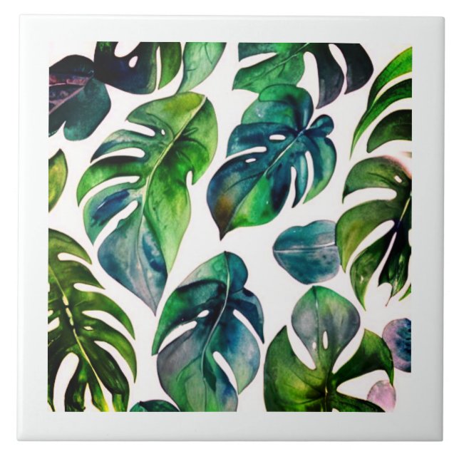 Monstera vattenfärg med ram kakelplatta (Framsidan)