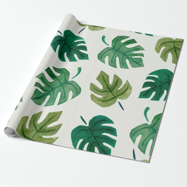 Monstera vattenfärg struktur hand plockade sömlös  presentpapper (Utrullad)