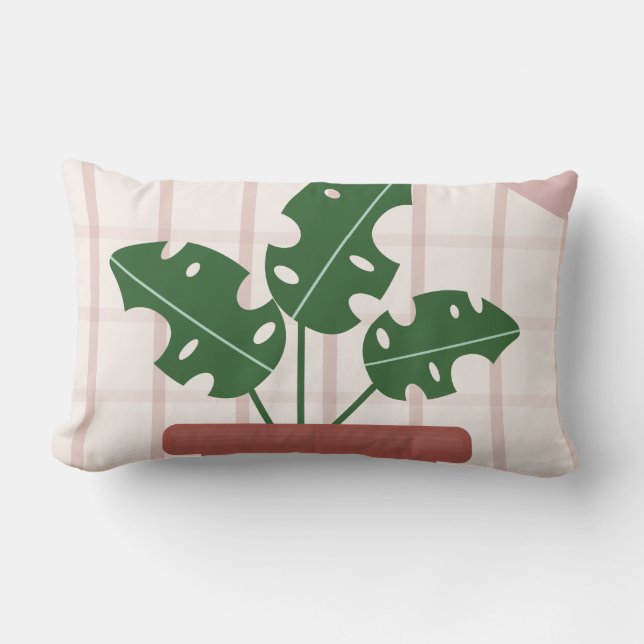 Monstera Växter Terrakotta Rutig Bakgrund Rosa Lumbarkudde (Framsida)