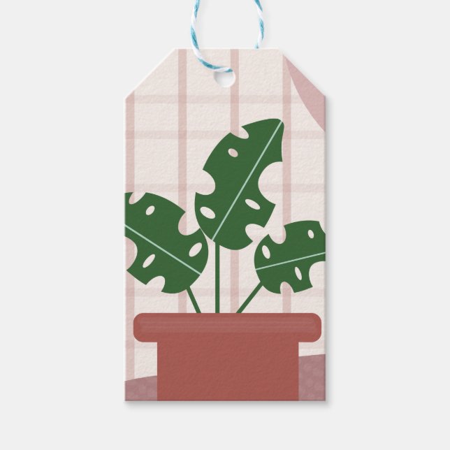 Monstera Växter Terrakotta Rutig Bakgrund Rosa Presentetikett (Framsidan)