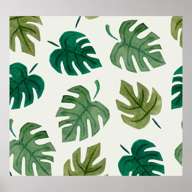 Monstera Watercolor: Grönt Seamless Struktur. Poster (Framsidan)