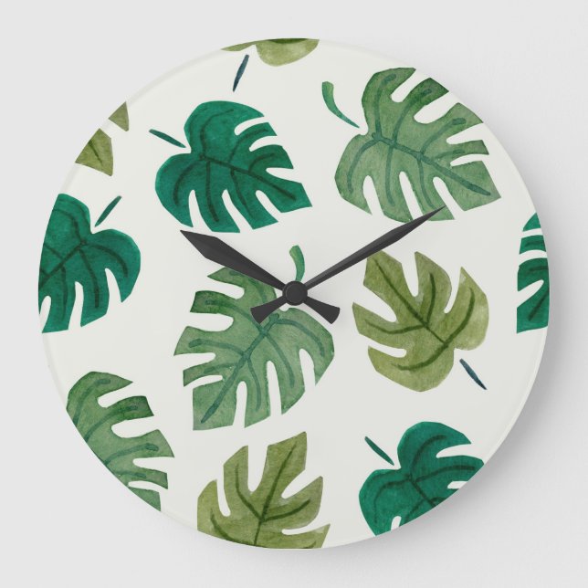 Monstera Watercolor: Grönt Seamless Struktur. Stor Klocka (Framsida)