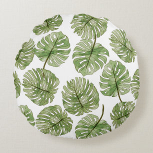 Monstera Watercolor Grönt Tropical Löv Seamless Rund Kudde
