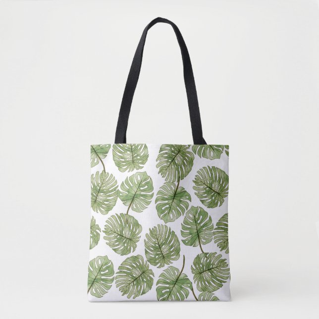 Monstera Watercolor Grönt Tropical Löv Seamless Tygkasse (Framsida)