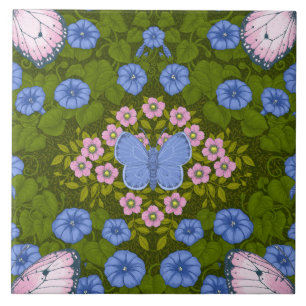 Mönsterflugor och blommor, symmetri, blått och ros kakelplatta