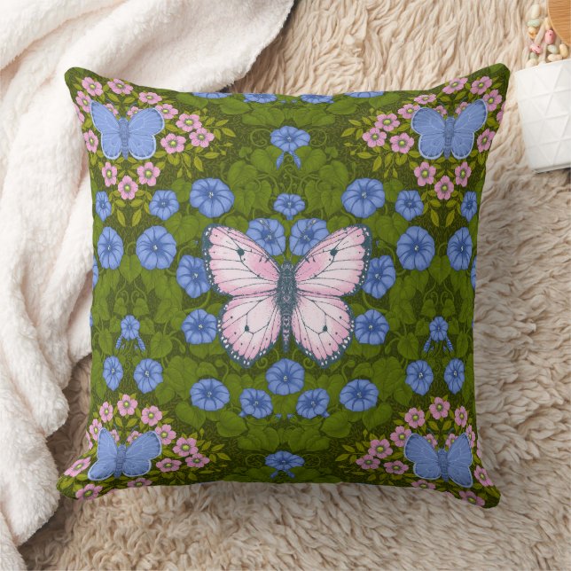 Mönsterflugor och blommor, symmetri, blått och ros kudde (Filt)