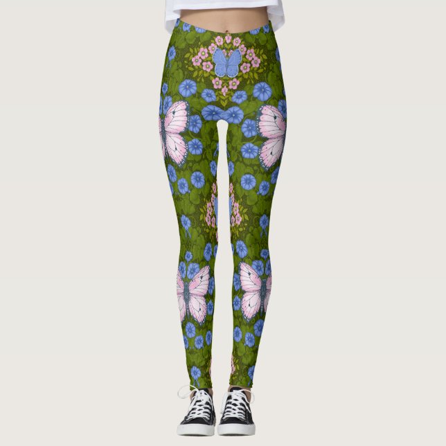Mönsterflugor och blommor, symmetri, blått och ros leggings (Framsida)