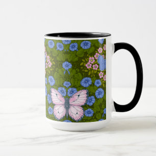 Mönsterflugor och blommor, symmetri, blått och ros mugg