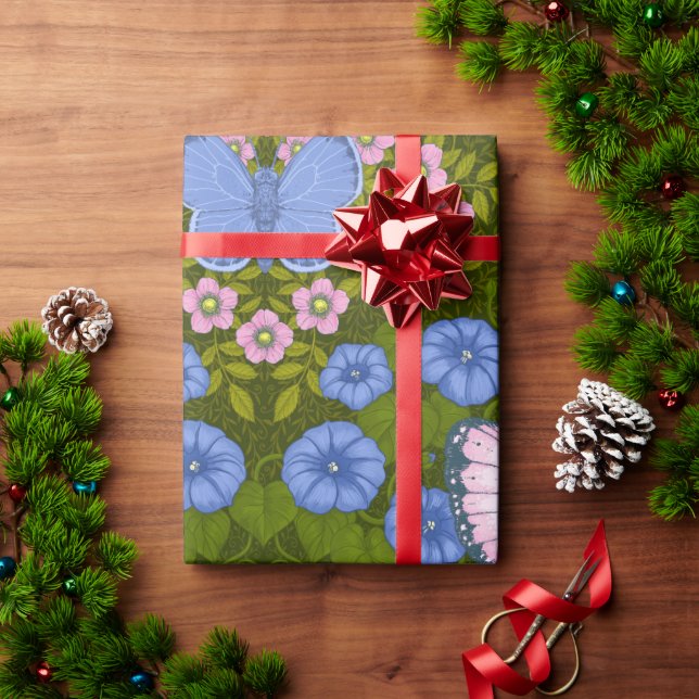 Mönsterflugor och blommor, symmetri, blått och ros presentpapper (Julgåva)