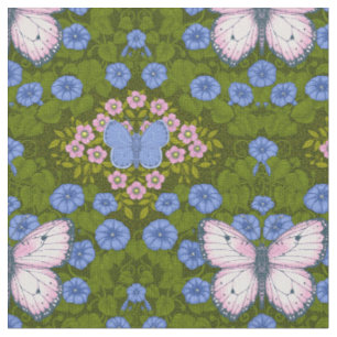 Mönsterflugor och blommor, symmetri, blått och ros tyg