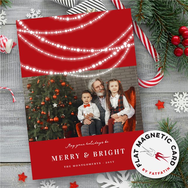 Mönsterkort och ljusa miniatyrdiagram - fotomagnet (Merry & Bright Stylish Sparkling & Glowing Lights Photo Modern Magnetic Holiday Card @ fat_fa_tin)