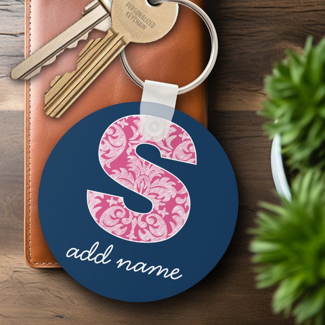 Mönstermonogram Brev S för marin och Shock rosa Nyckelring (Personalized Keychain - Modern Monogram)
