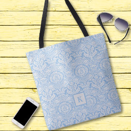 Mönstermonogram för Classy Light Blue Damask Tote Tygkasse