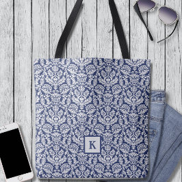 Mönstermonogramverktygslåda för Classy Navy Damask Tygkasse