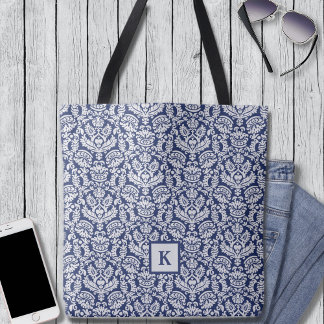 Mönstermonogramverktygslåda för Classy Navy Damask Tygkasse