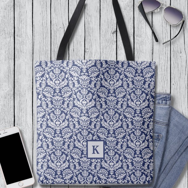 Mönstermonogramverktygslåda för Classy Navy Damask Tygkasse (Skapare uppladdad)