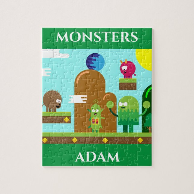 Monsters pussel med barnets namn. (Vertikal)