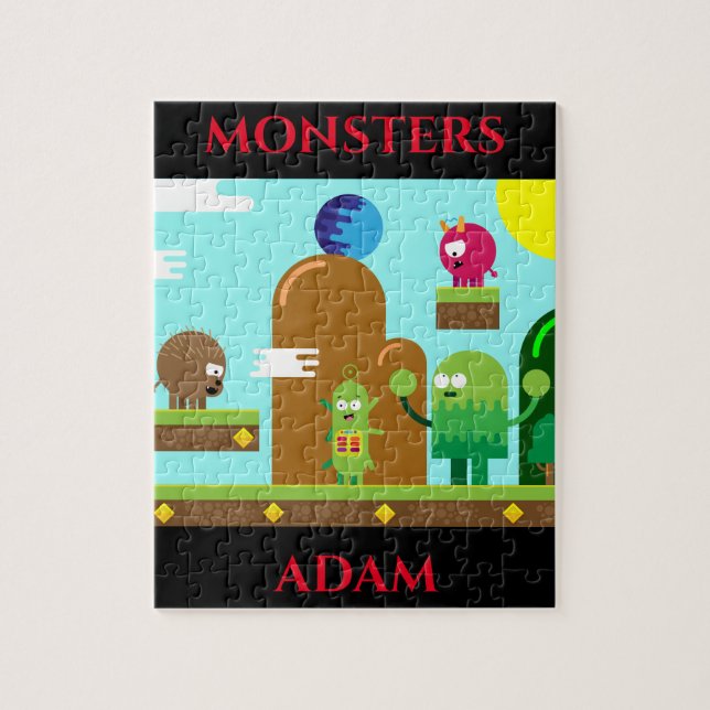 Monsters pussel med barnets namn. (Vertikal)