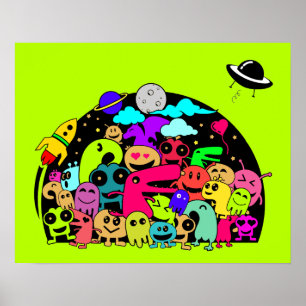 Monsterskapelser i utrymmesdoodldesign poster