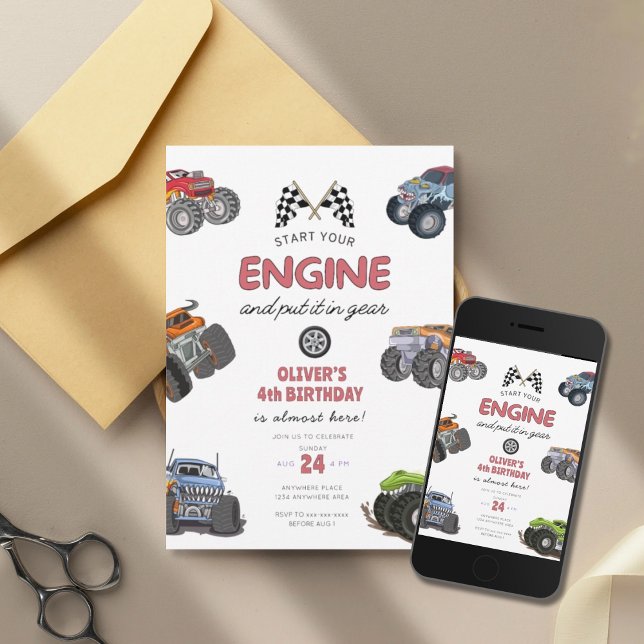 Monstertruck, starta din motor pojke 4-årsdag inbjudningar (Skapare uppladdad)