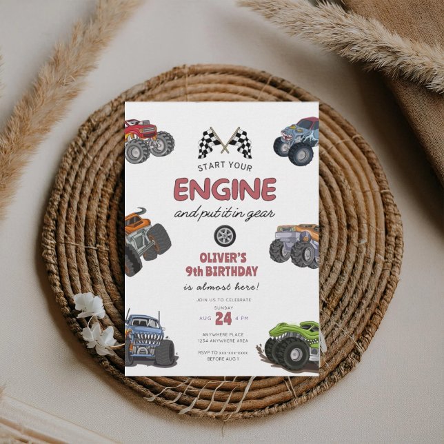 Monstertruck, starta din motor pojke 9-årsdag inbjudningar (Skapare uppladdad)