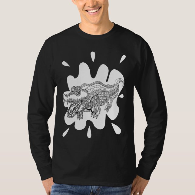 Mönstrad exotisk krokodilkonst svart och vit t shirt (Framsida)
