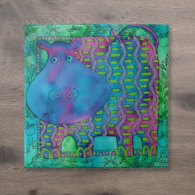 Mönstrad Flodhäst Vattenfärg Illustration Kakelplatta (Patterned Hippo Watercolour Illustration Ceramic Tile)