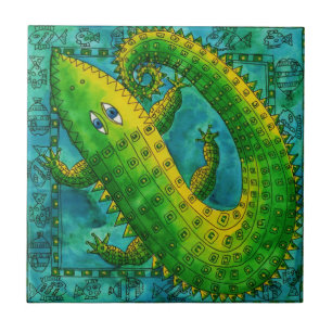 Mönstrad Krokodil Vattenfärg Illustration Kakelplatta