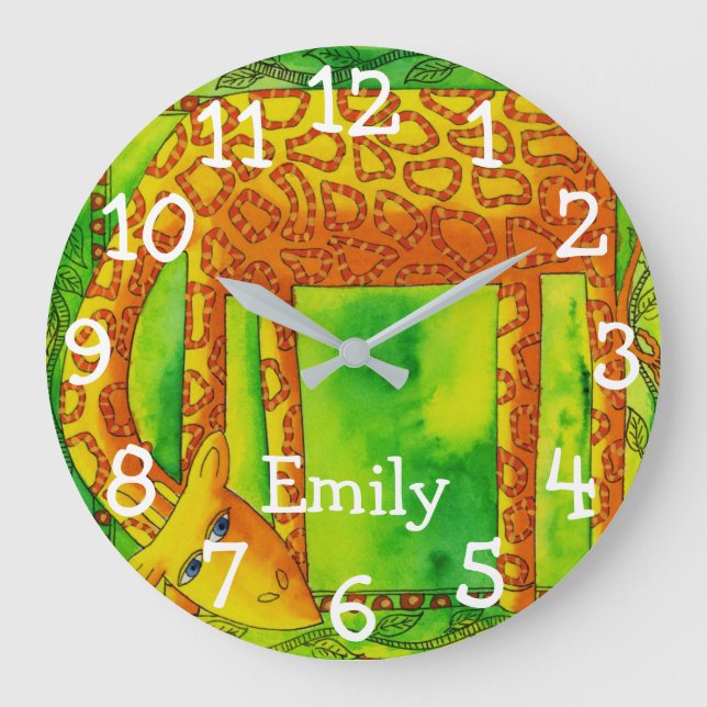 Mönstrad Vattenfärg Giraff Personlig Namn Stor Klocka (Framsida)