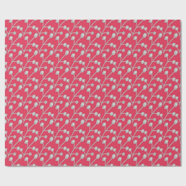 Mönstrat silvergrått lövverk på klar rosa-röd presentpapper (Platt)