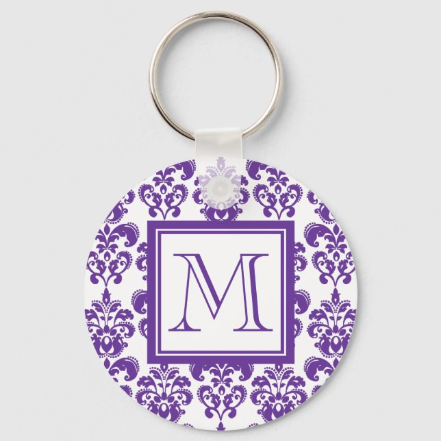Mönstret Monogram, Mörkens Lila Damask 2 Nyckelring (Framsida)