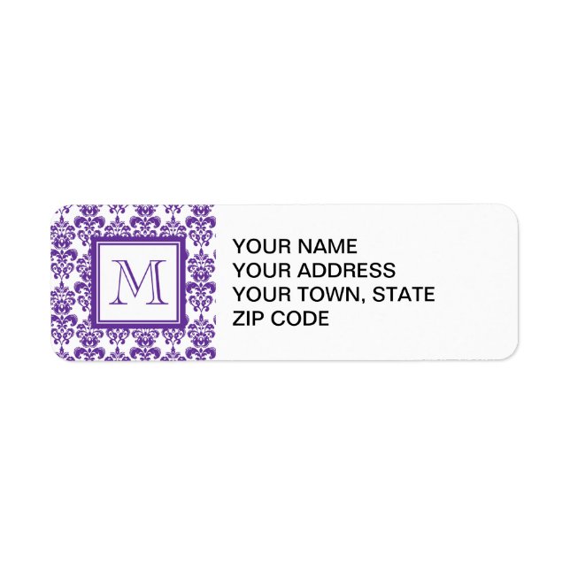 Mönstret Monogram, Mörkens Lila Damask 2 Returadress Etikett (Framsidan)