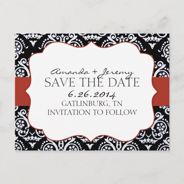 Mönstret Red and Black Land Damask Save Date Meddelande Vykort (Framsida)
