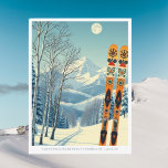 Mont Tremblant Quebec Canada ski area Postcard Vykort<br><div class="desc">Hello from the snowy mountains of Mont Tremblant Quebec Canada! We hope you're having a wonderful ski vacation. This postcard features a gorgeous blue-grey mountain landscape with retro ski boards in an orange tribal pattern.
All the text phrases can be customized to suit you!</div>