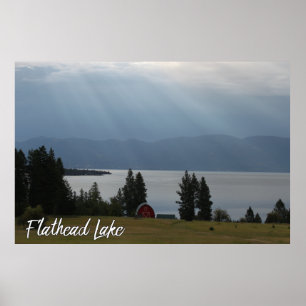 Montana Flathead Sjö Shore Red Barn Träd Poster
