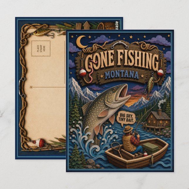 Montana Gone Fishing Harr Vykort (Fram/baksida)
