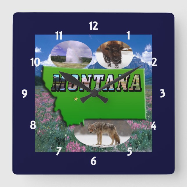 Montana Karta, Text och platser i Bild Fyrkantig Klocka (Framsida)