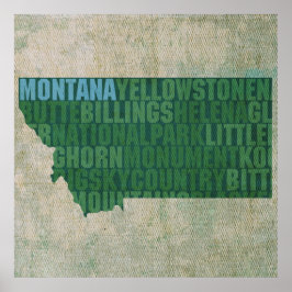 Montana State Outline Ord Karta på Canvas Poster