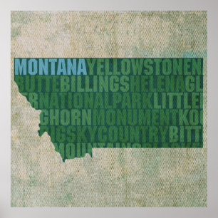 Montana State Outline Ord Karta på Canvas Poster