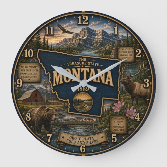 Montana State Treasure State Mountain  Wildlife Stor Klocka (Framsida)